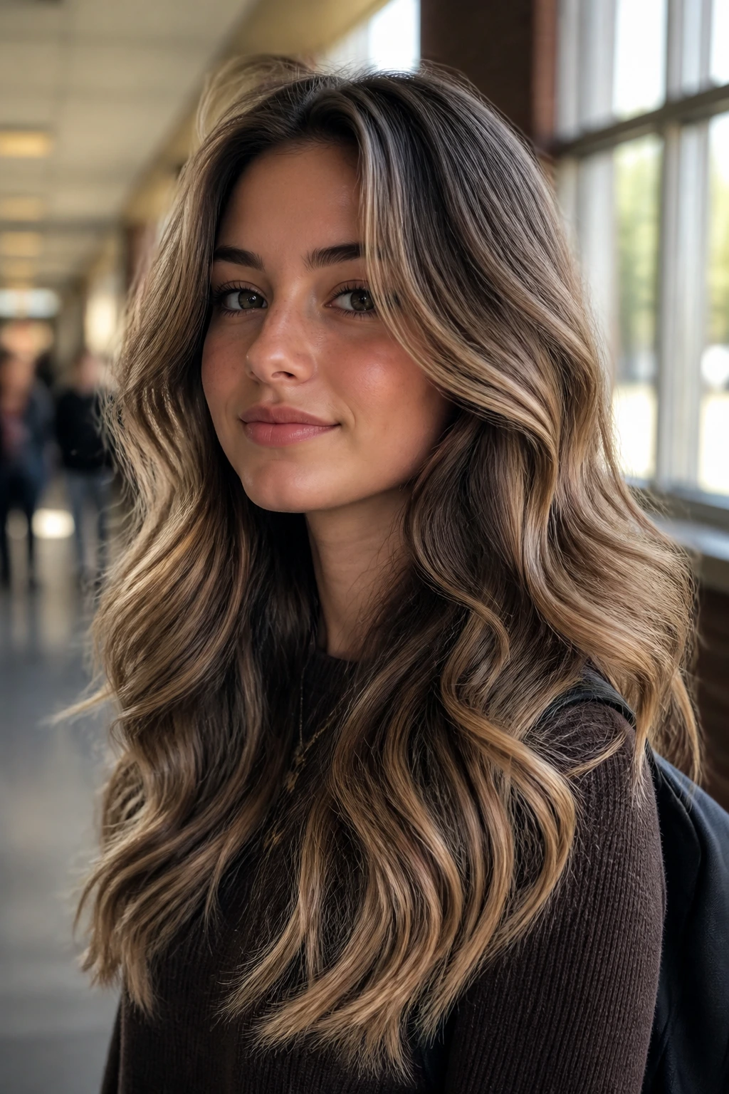 Close-up of a real woman with creamy mocha waves framing her face.