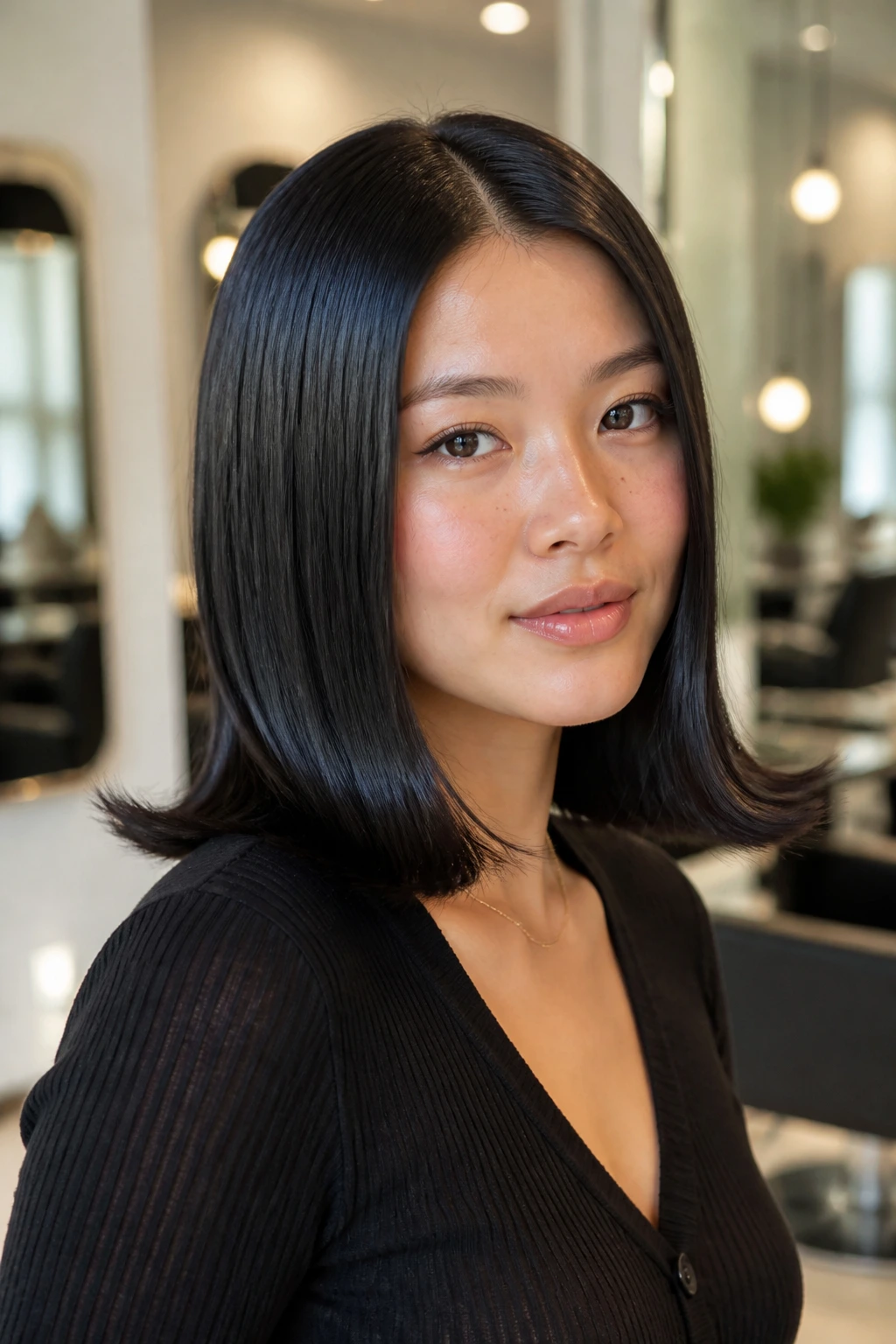 Portrait of a real woman with a sleek Mod center-parted flip hairstyle