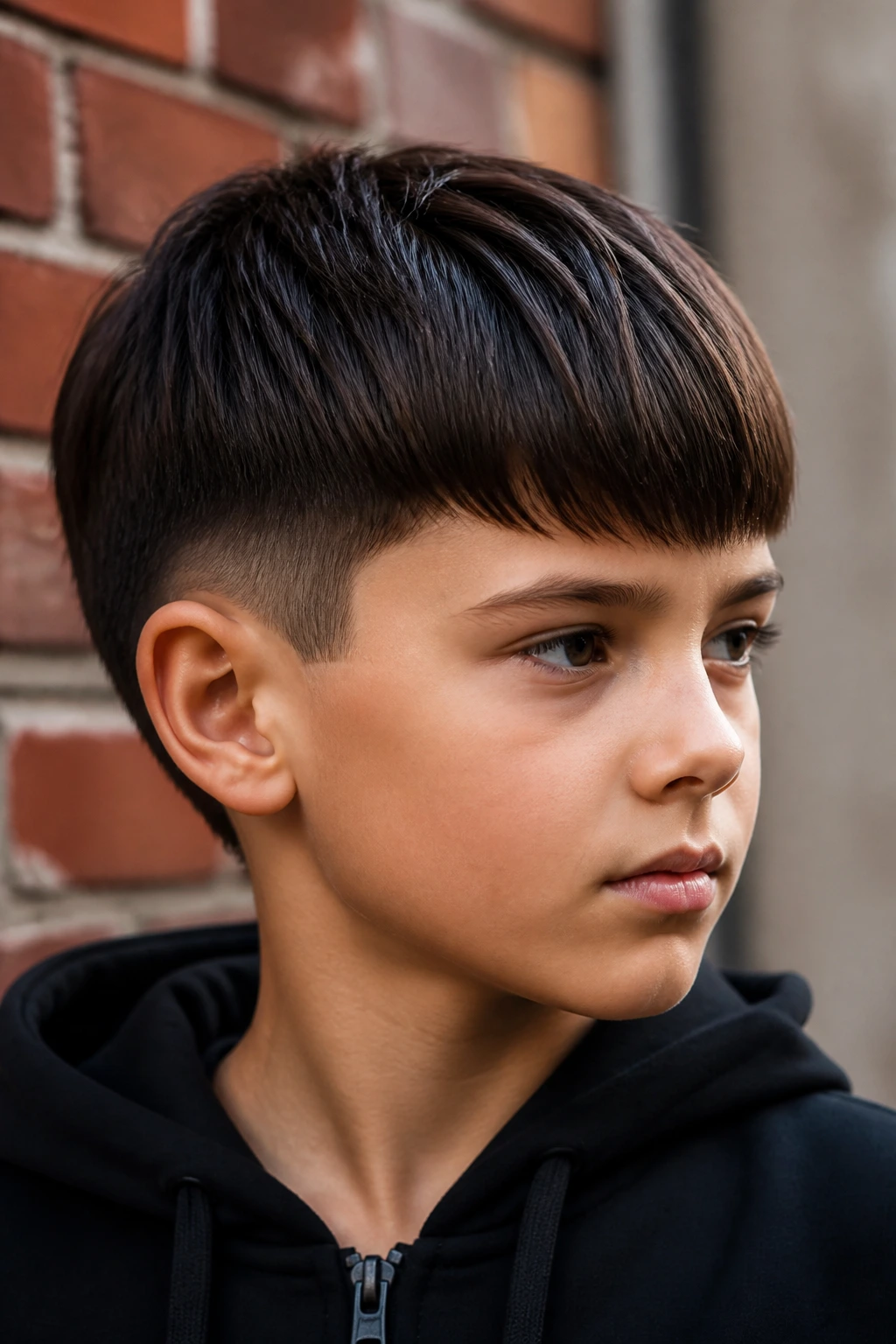 Child with mod-cut taper hairstyle, sharp edges and flat silhouette.