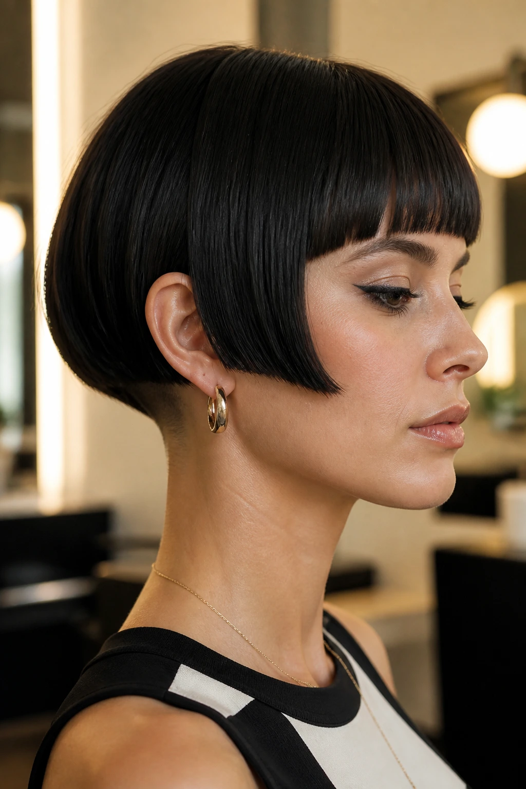 Portrait of a real person with mod-inspired bob in a chic salon