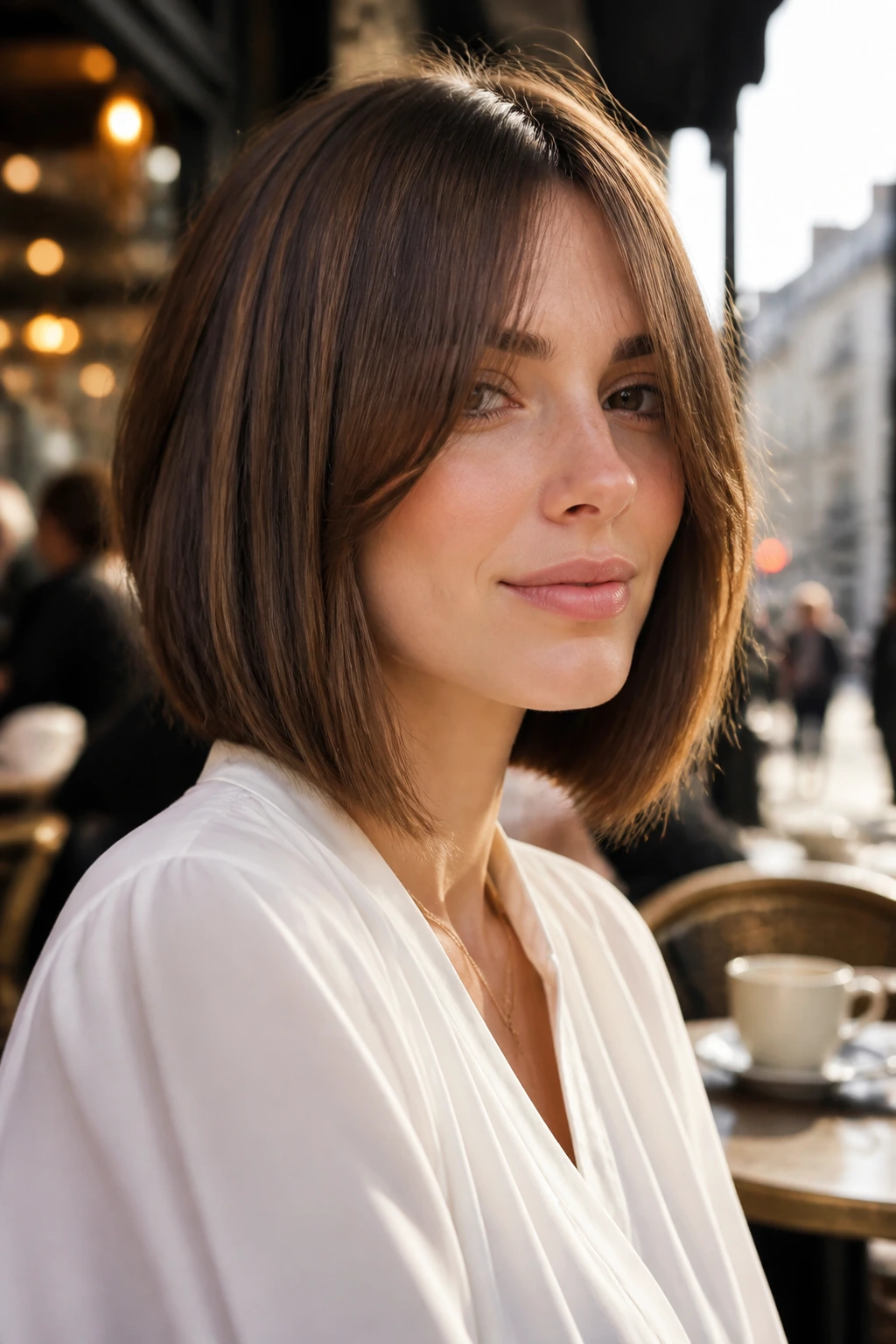 Close-up of a real woman with an A-line bob and blended curtain bangs