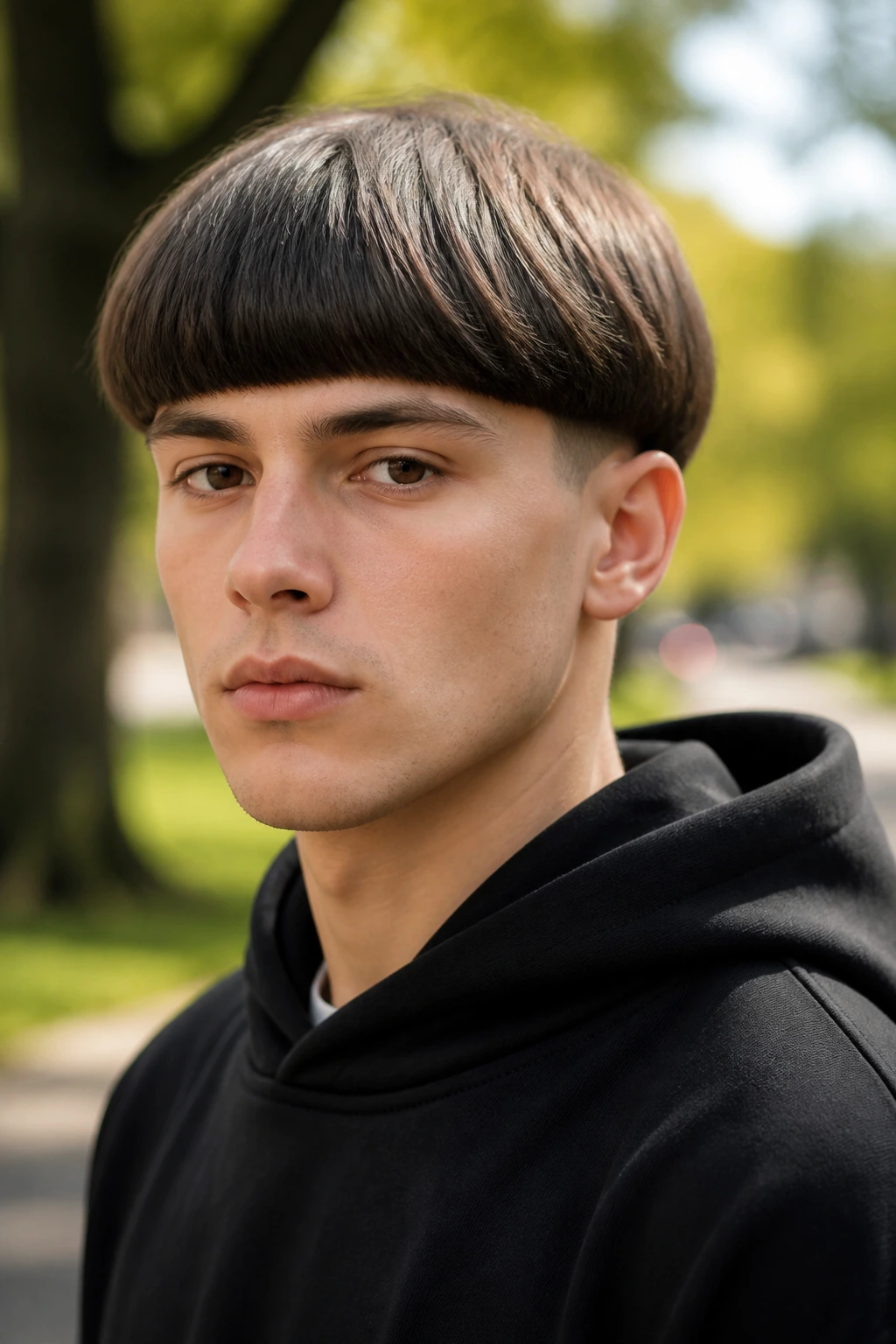 Close-up of modern bowl cut with blunt fringe on real person in park daylight