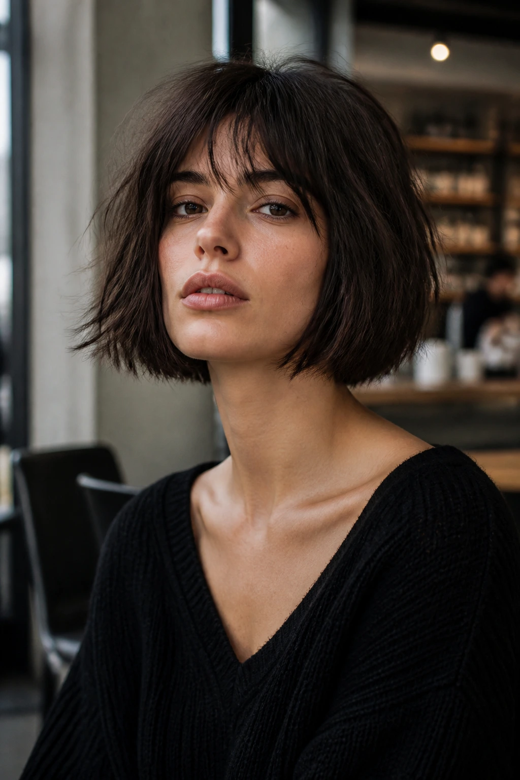 Close-up of a real woman with a modern grunge bob in an urban setting
