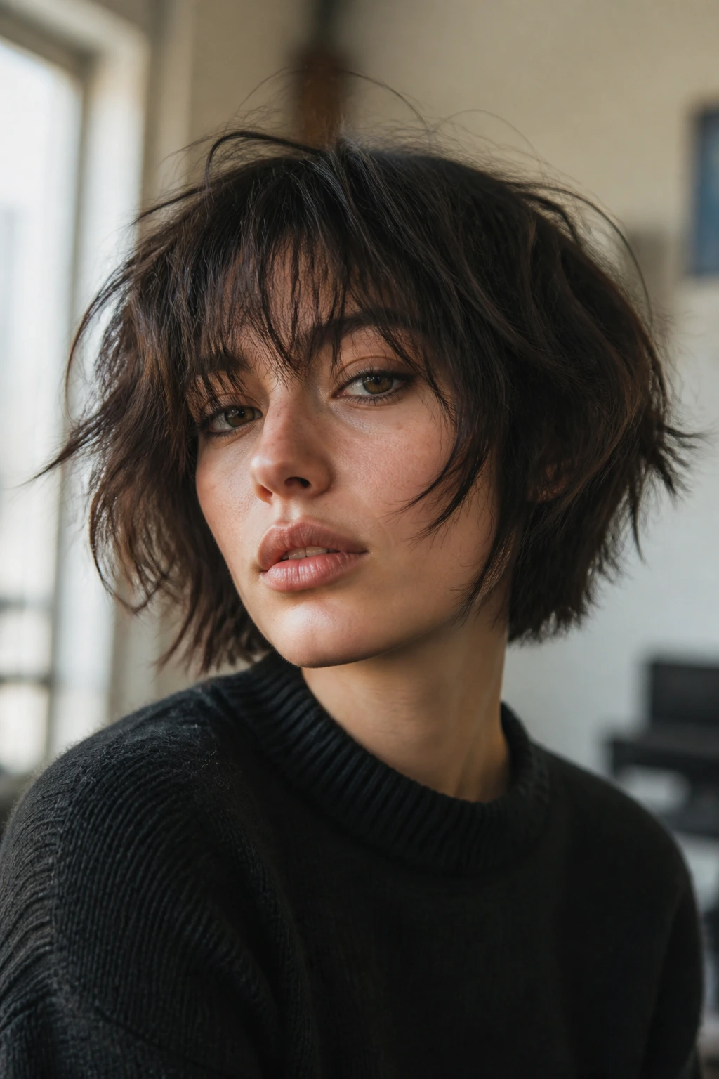 Close-up of a real woman with a modern grunge bob and bedhead texture.