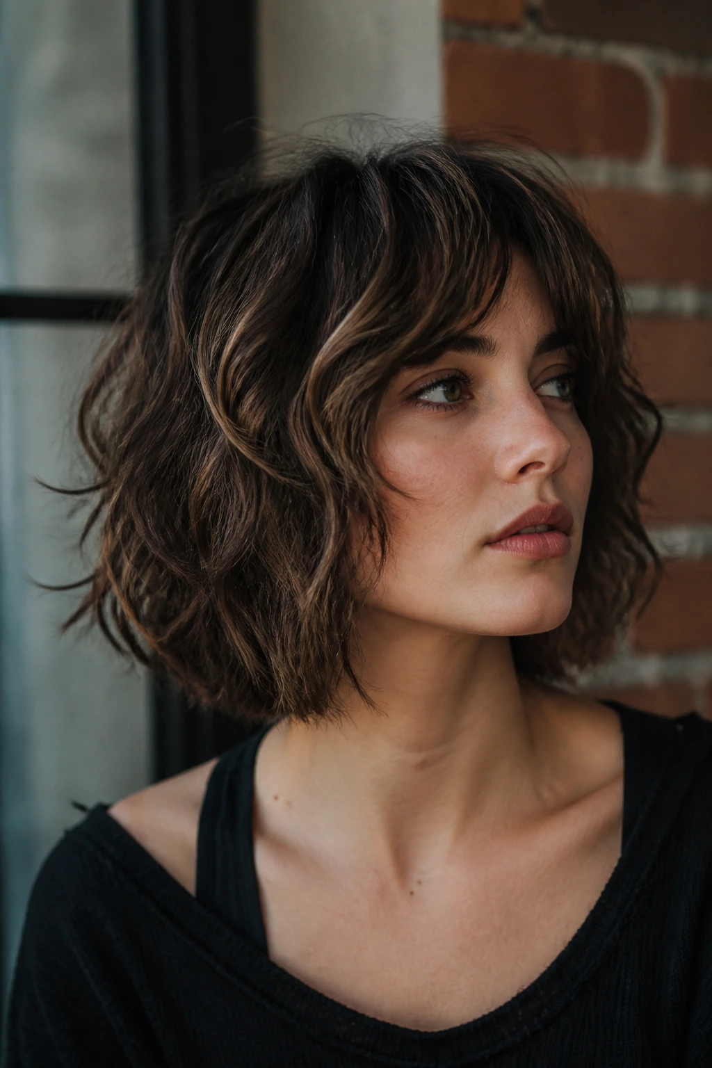 Close-up portrait of a person with modern grunge shag and loose S-waves
