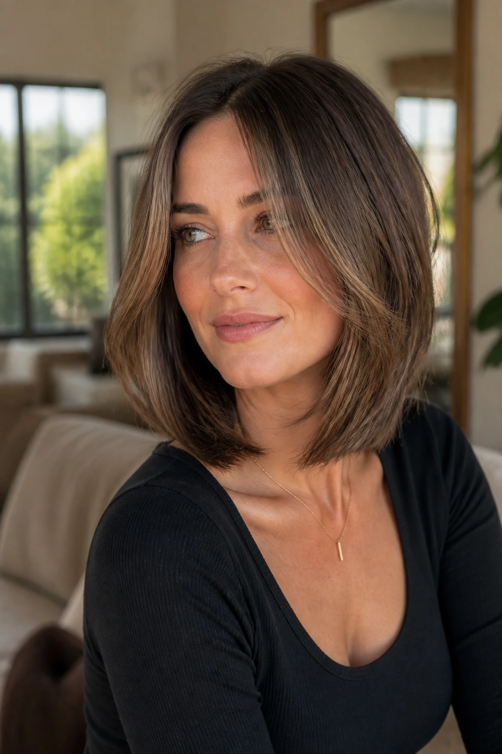 Real person with modern lob and face-framing layers portrait