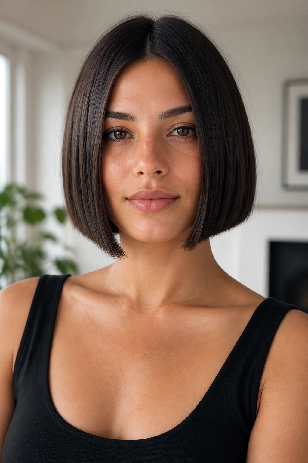 Close-up of person with modern minimalist blunt A-Line hairstyle