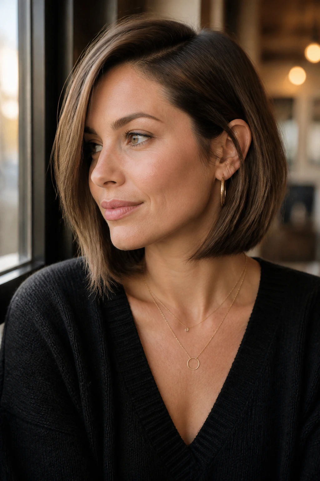 Portrait of a real woman with medium inverted bob (Mob) above shoulders