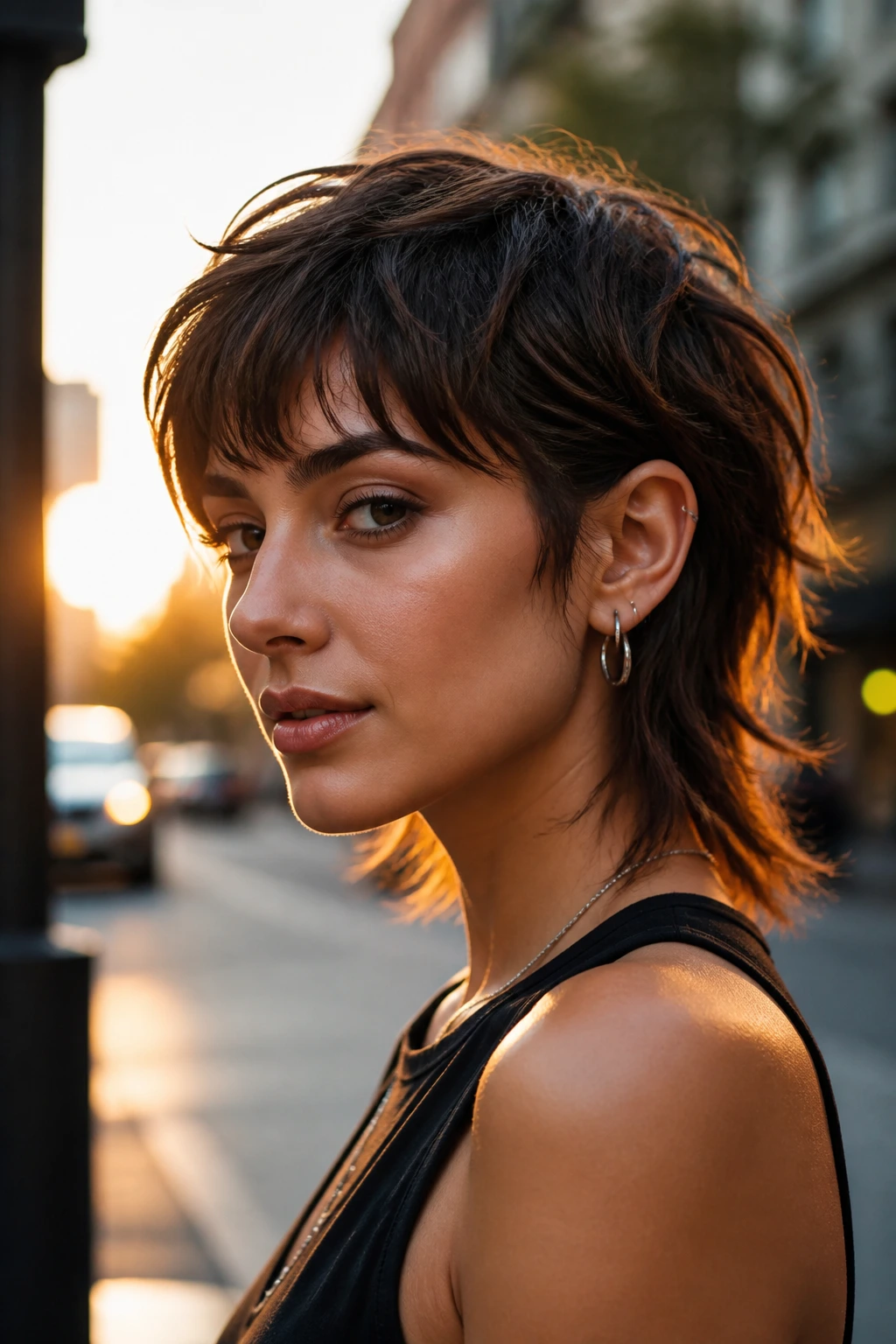 Portrait of a real person with a modern mullet-bob crown volume on a city street at golden hour
