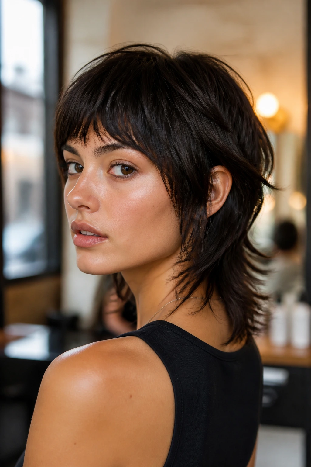 Close-up portrait of a real woman with a modern mullet bob in a stylish salon