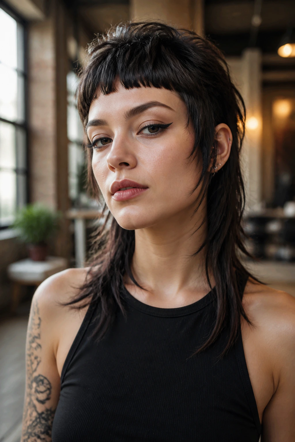 Real person with modern mullet and micro bangs, high crown and long back