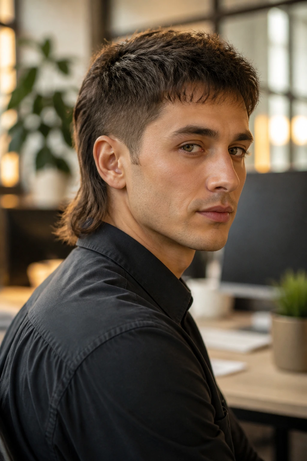 Portrait of a real person with a modern mullet featuring softened edges in an office setting.