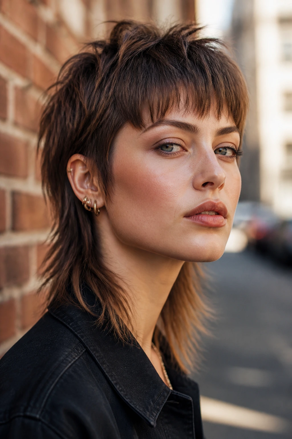 Close-up of a real person with a modern mullet, short top and longer back, urban backdrop.