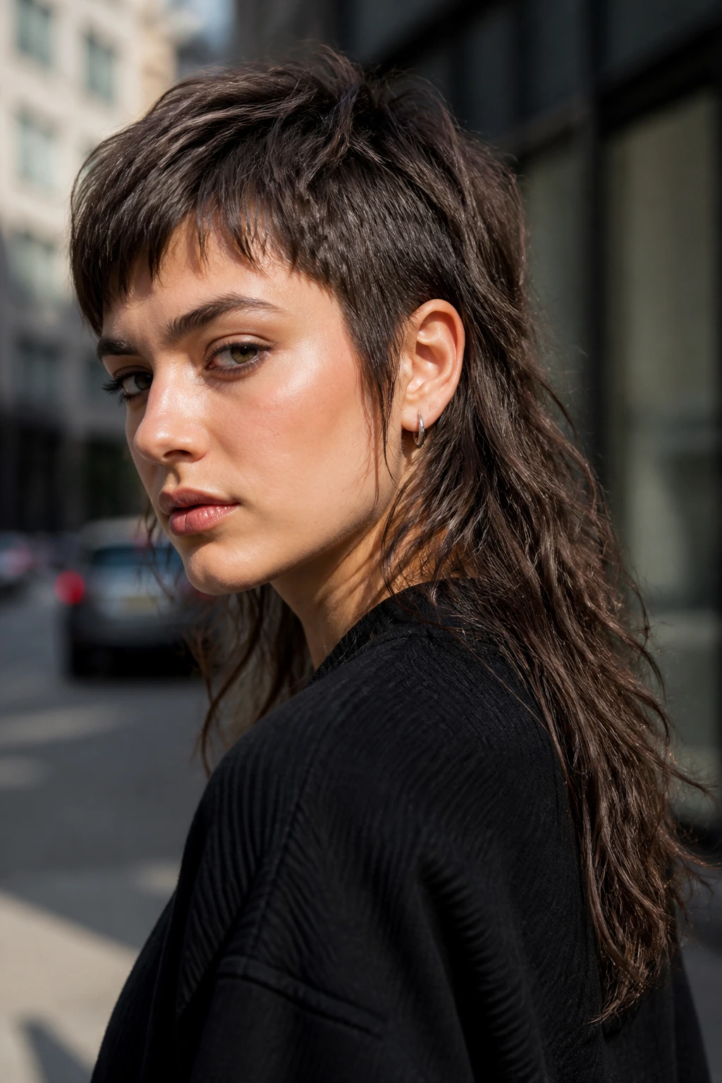 Real person with a modern mullet showing short top and long back.