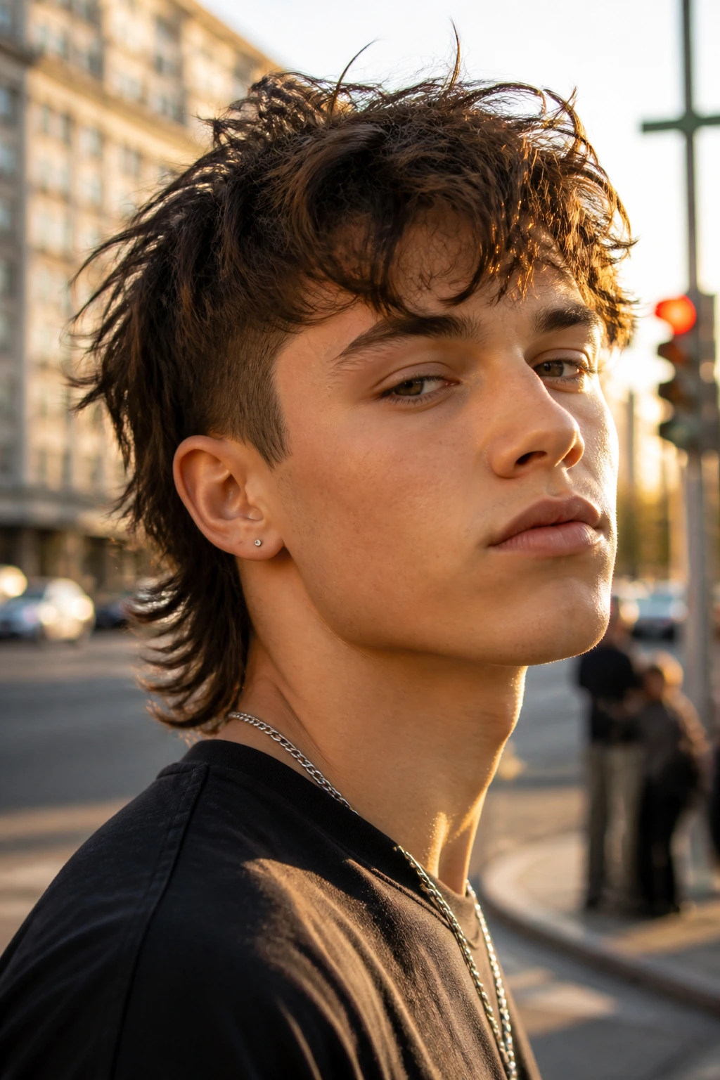 Teen with modern mullet in urban golden hour light