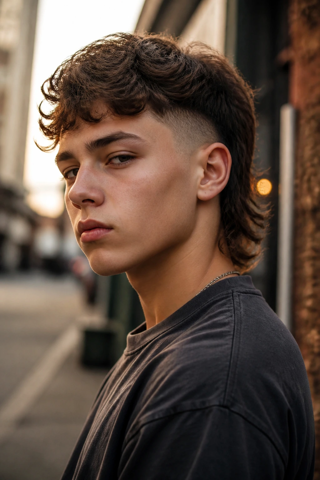 Teenage boy with modern mullet hairstyle outdoors.