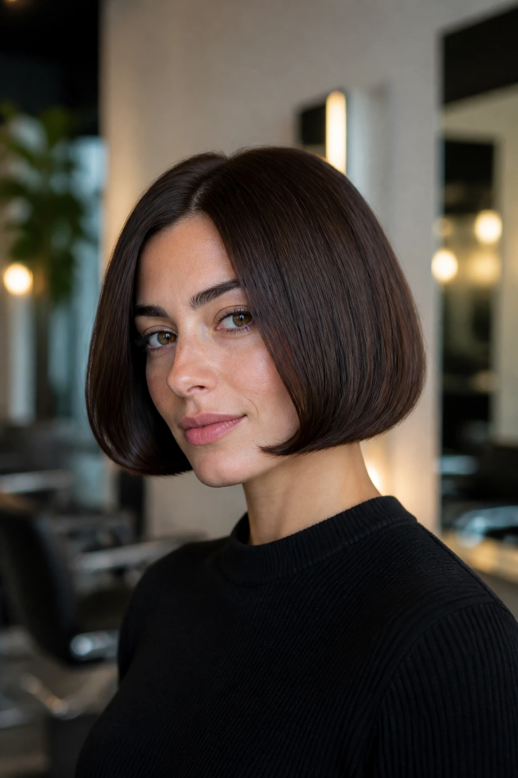Close-up of a real woman with a modern pageboy bob showing rounded inward curls