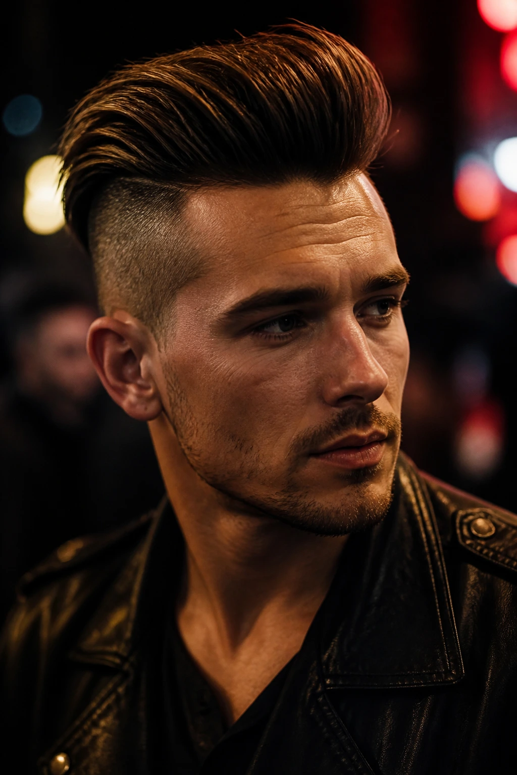 Medium close-up of a person with a voluminous pompadour and shaved side