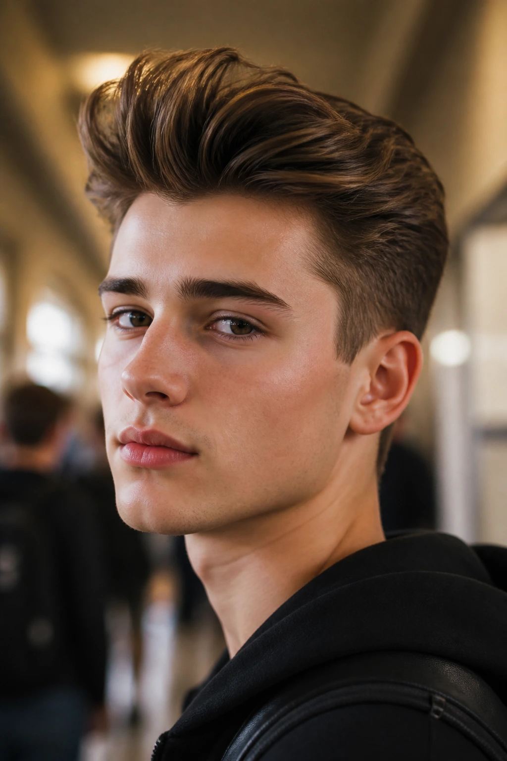 Teen with modern quiff portrait in a hallway