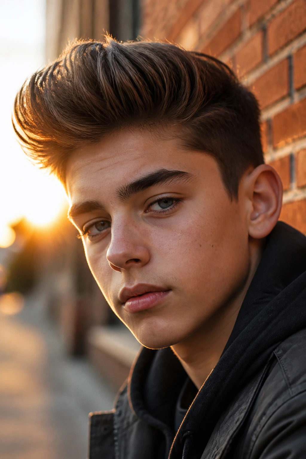 Teen boy with modern quiff outdoors at golden hour