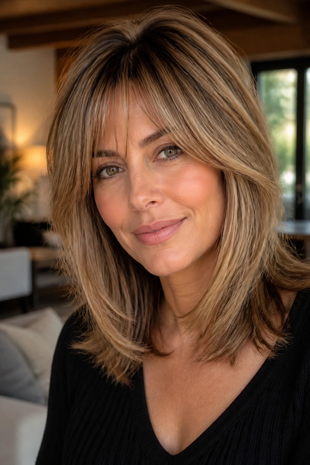 Portrait of a woman with modern Rachel cut and wispy face framing bangs in soft natural light