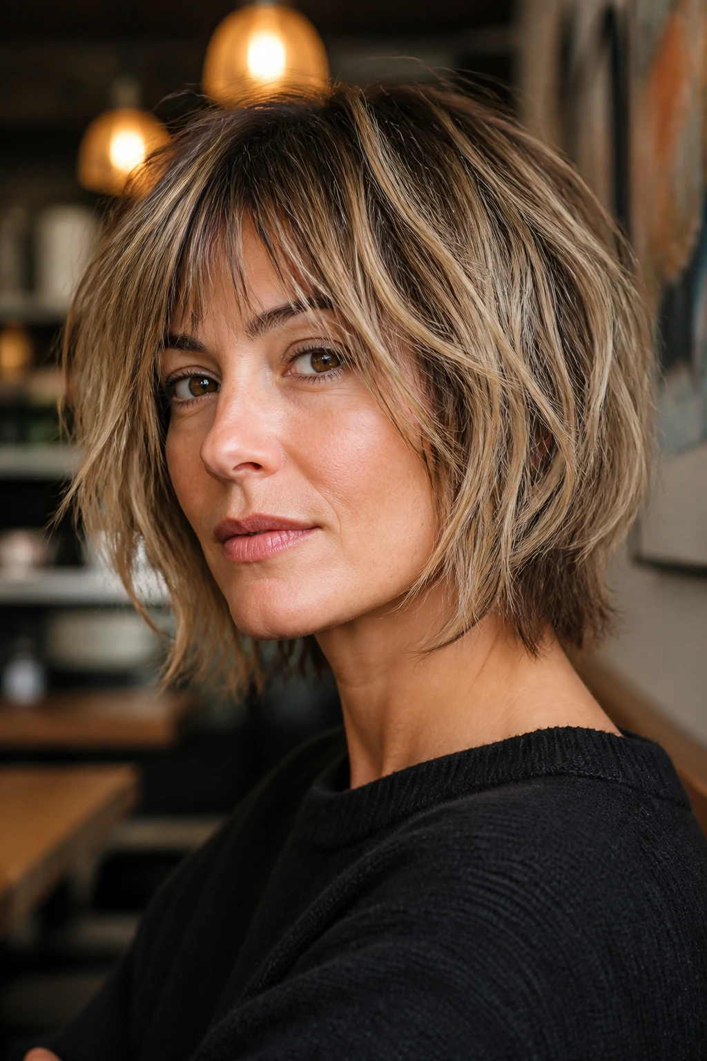 Close-up of a woman with a layered shag bob in a cozy cafe setting