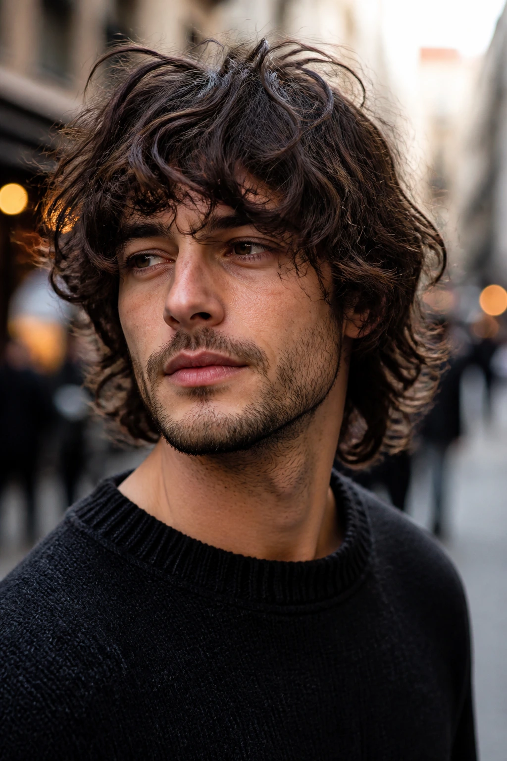 Portrait of a man with modern shag hairstyle featuring layered curls.
