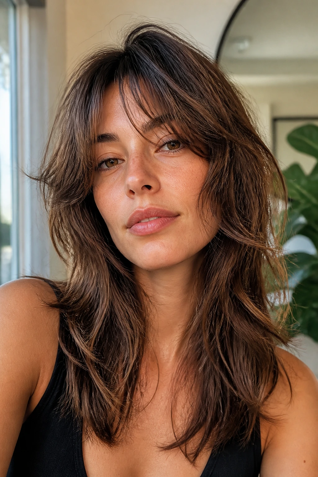 Portrait of a person with a modern shag and curtain bangs