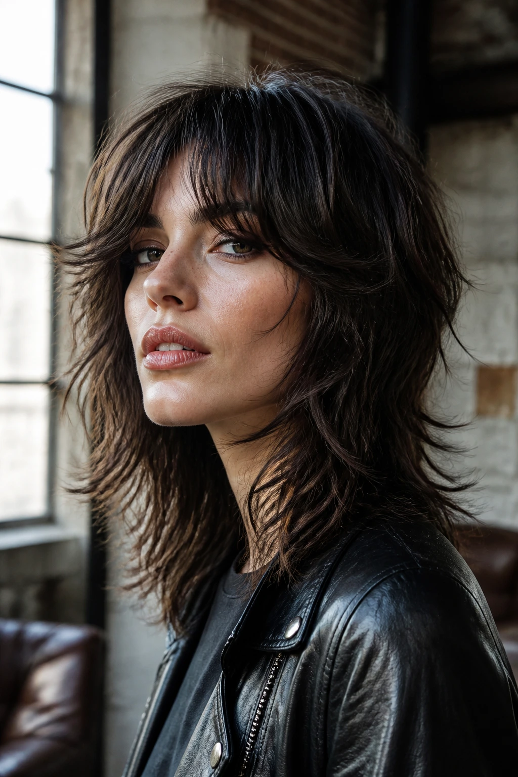 Portrait of a woman with a modern shag and curtain bangs in an urban loft
