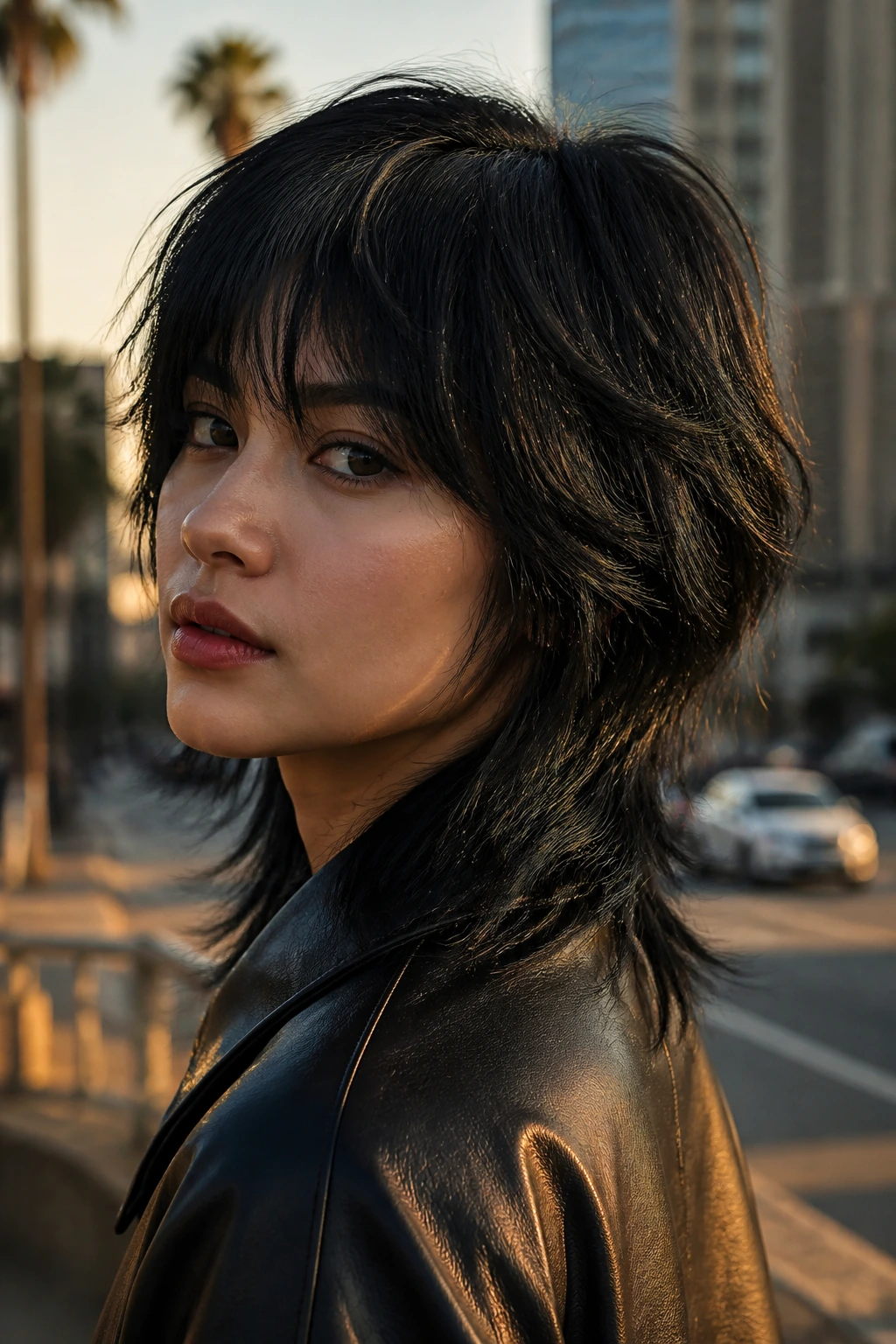 Close-up portrait of a real woman with a modern shag in jet-black hair