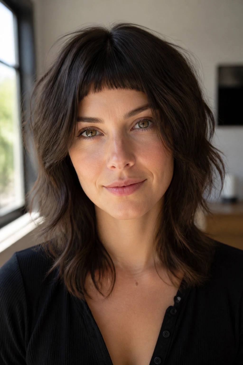Portrait of a real person with modern shag and micro-fringe under natural daylight
