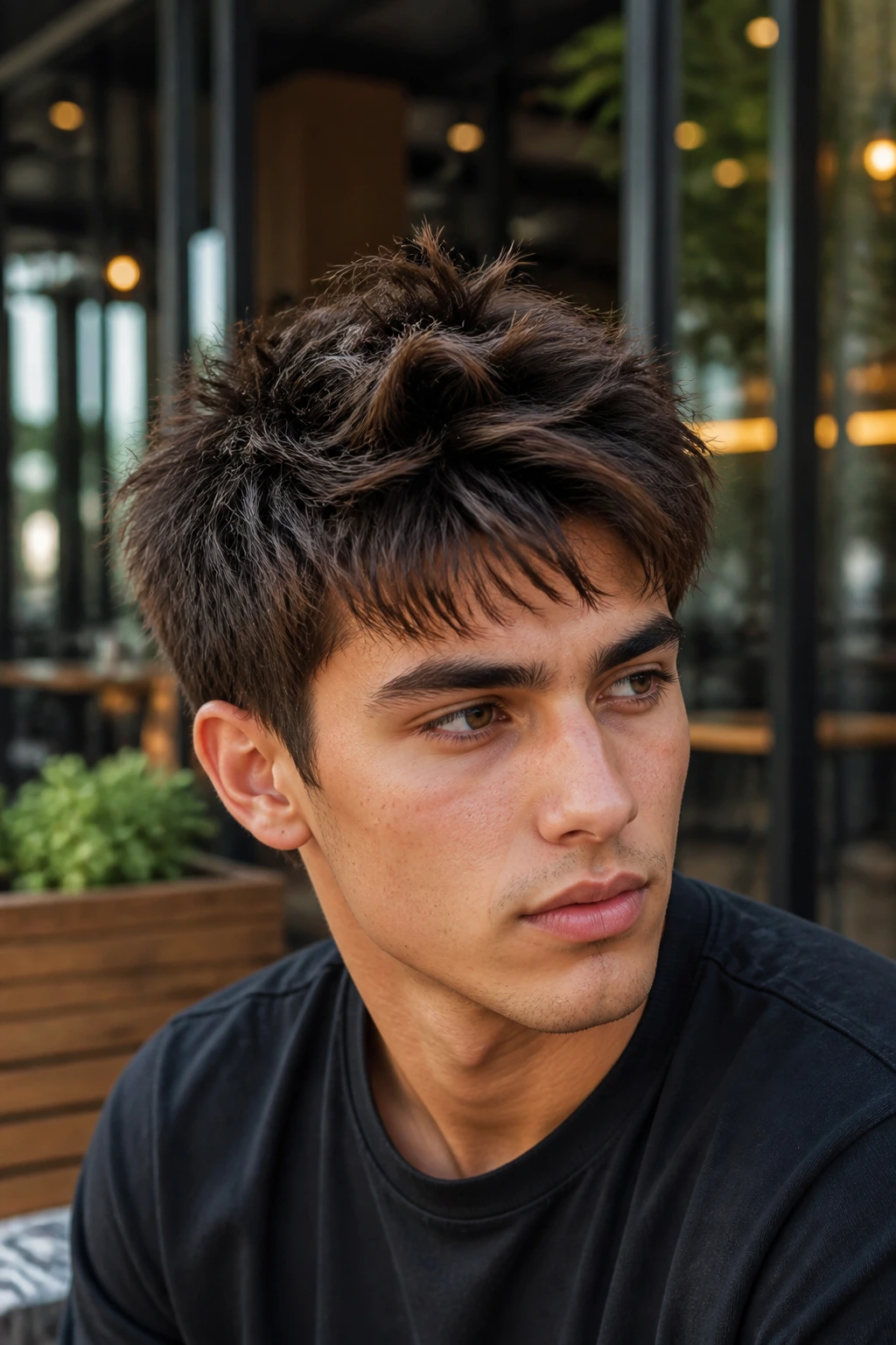 Close-up of Modern Shag-Spike Hybrid hairstyle on a real person at an outdoor cafe
