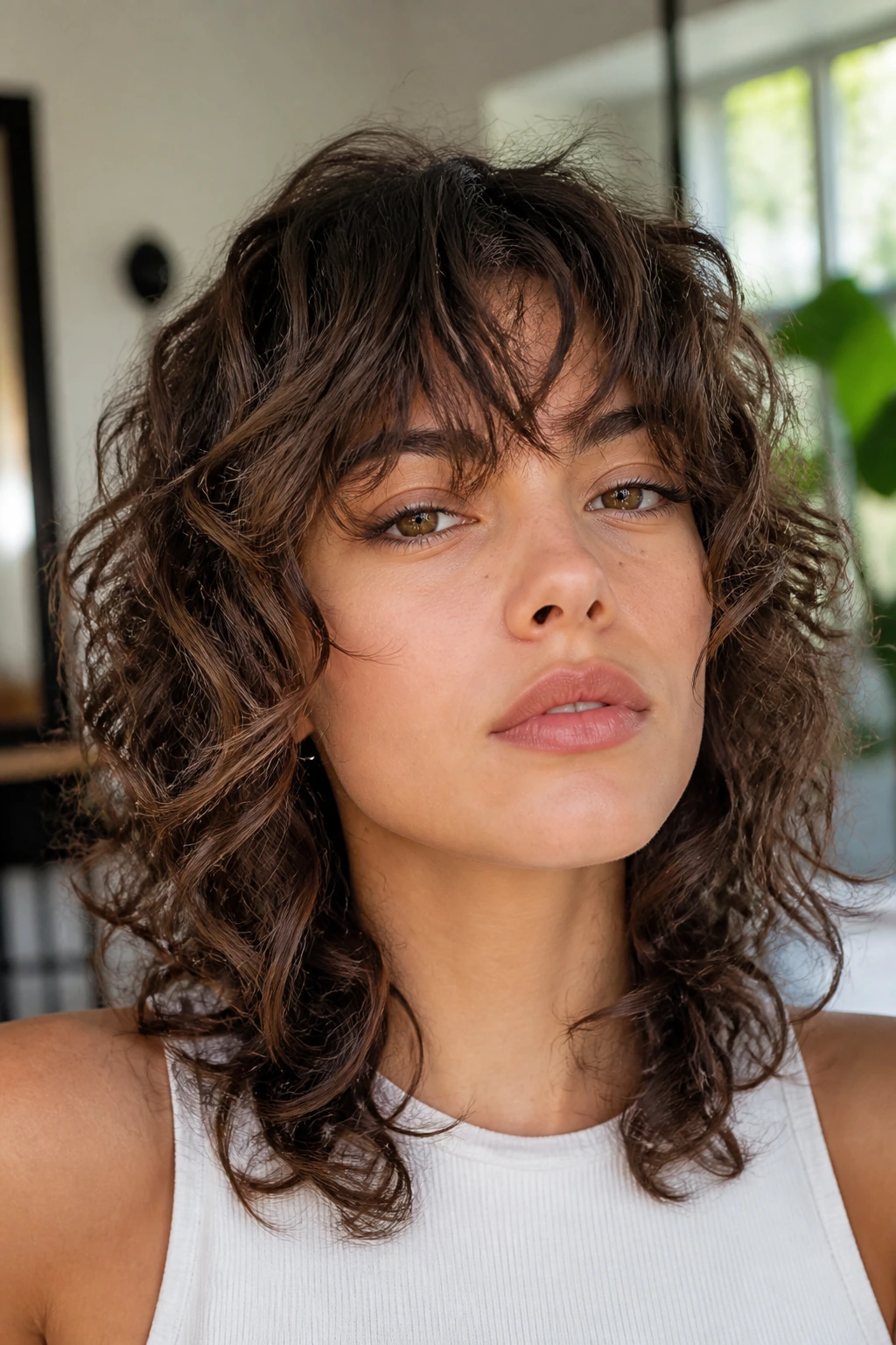 Portrait of woman with modern shag and wispy bangs in natural light