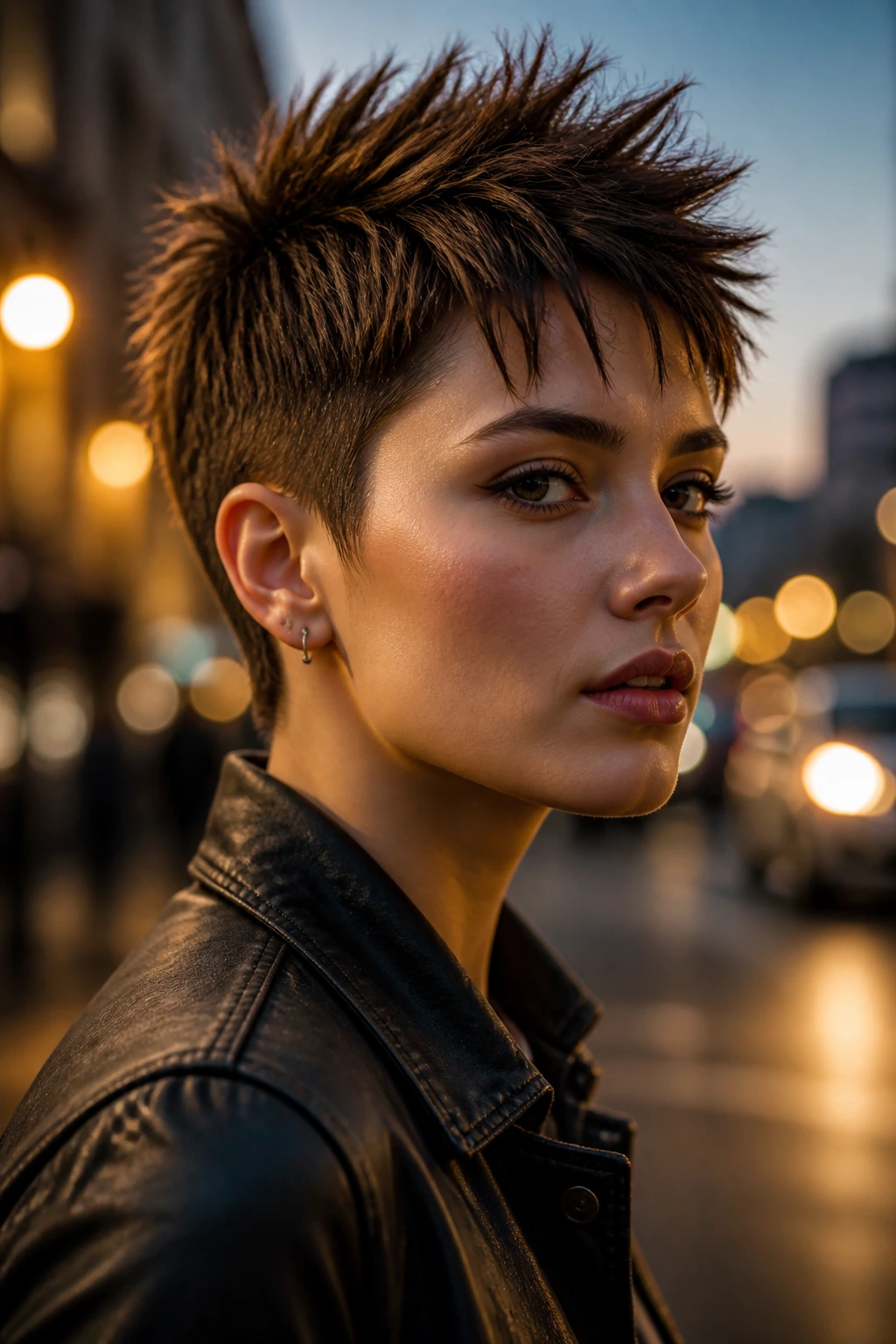 Portrait of a real woman with a modern spiky crop and textured spikes.