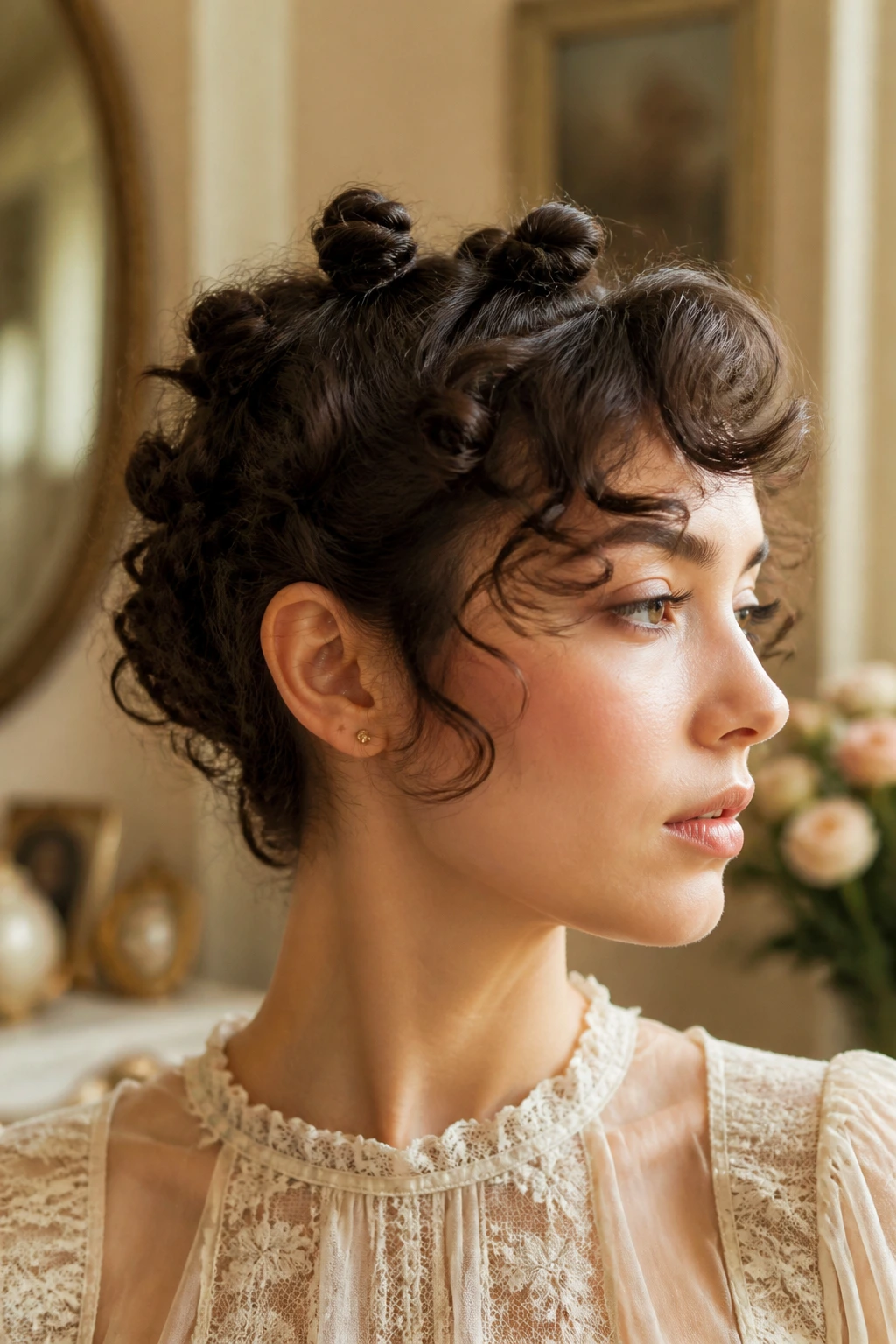 Real woman with modern Victorian micro-updo featuring twists and curls