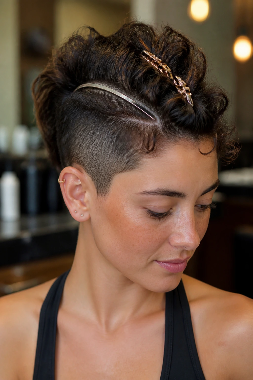 Close-up of a real person wearing a mohawk with metallic headband and clips.