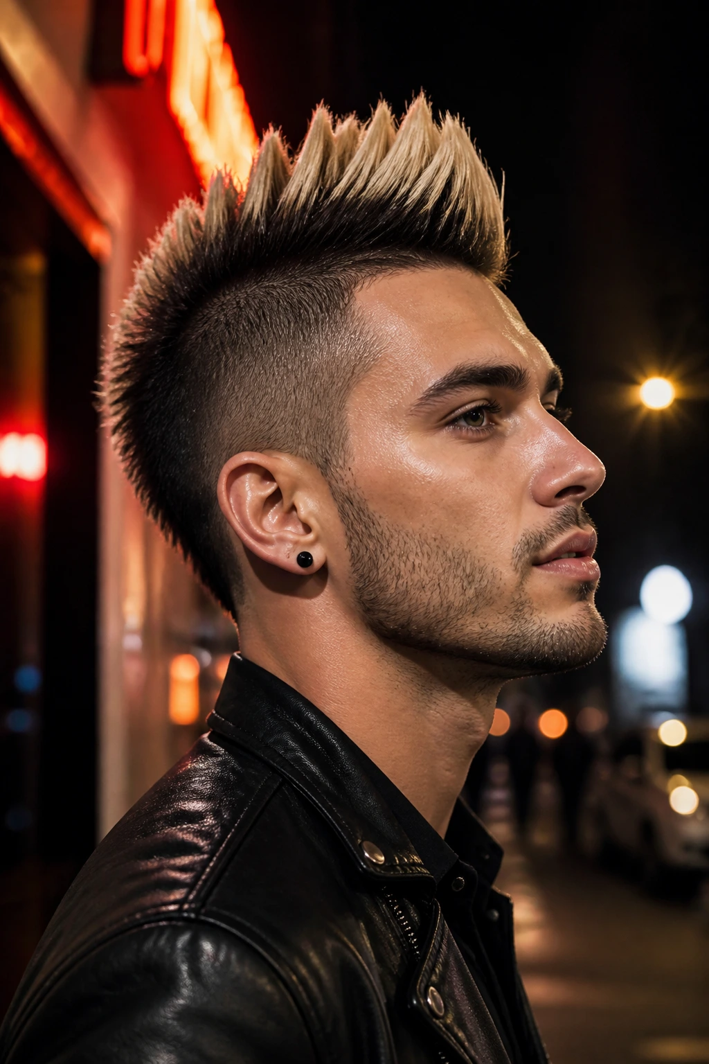 Close-up of real person with mohawk showing dark roots and bleached tips