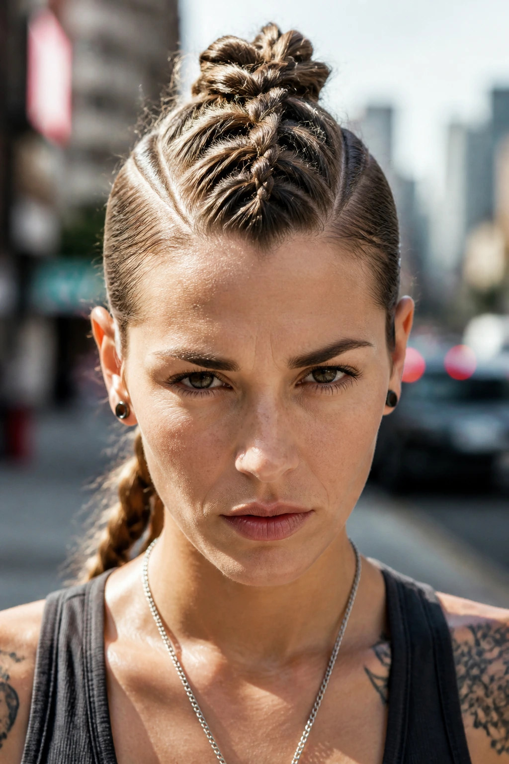 Real person with center Mohawk braid in daylight street.