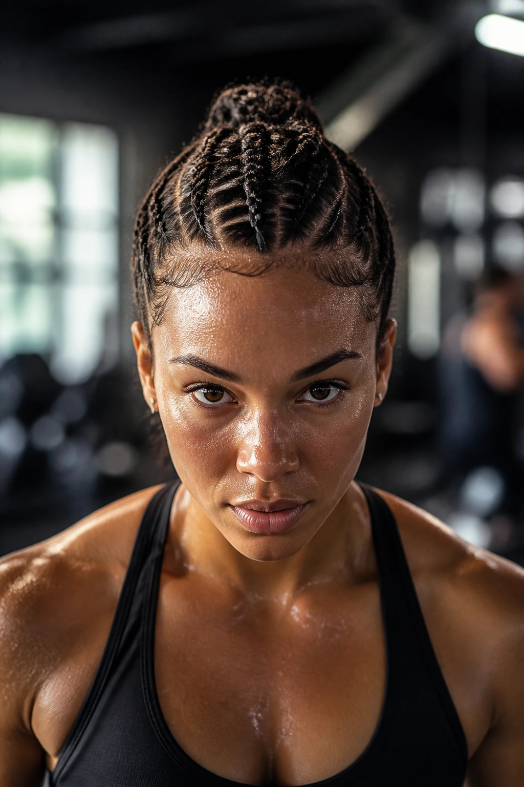 Front portrait of a real woman with a centered mohawk braid for high-intensity training