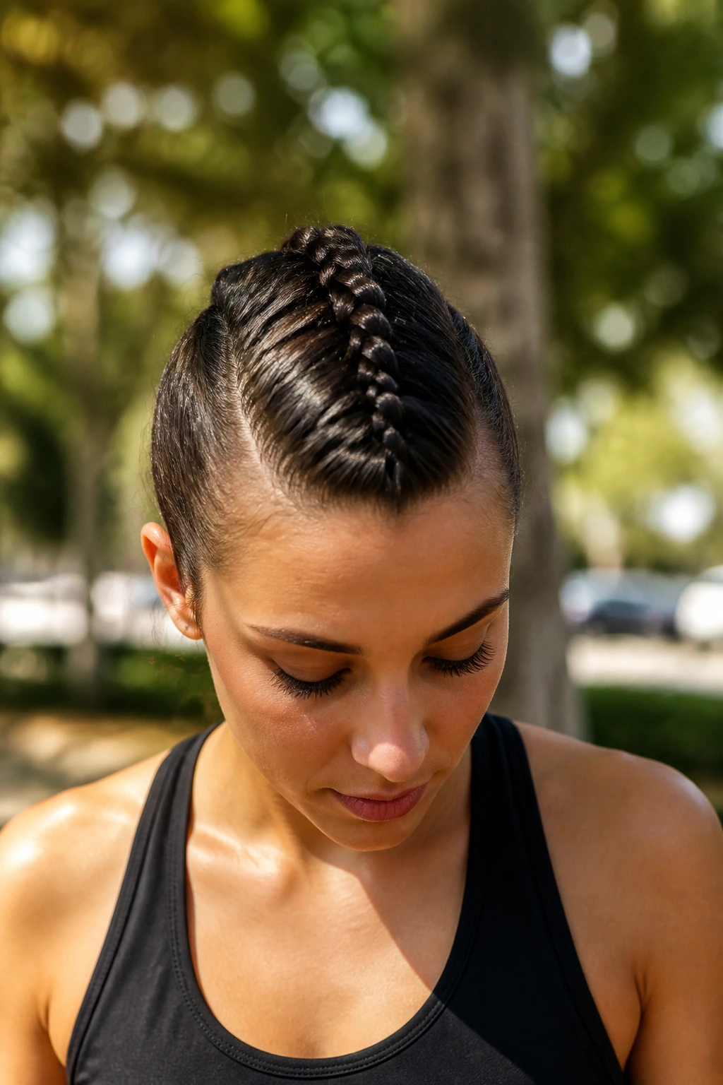 Person with a center mohawk braid in natural light.