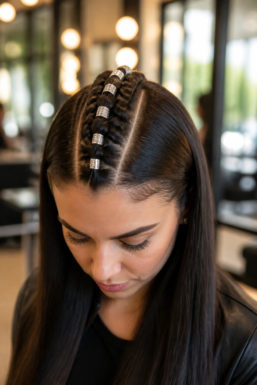 Close-up of a real woman with a vertical Dutch Mohawk braid centered on the head with silver cuffs, in a salon setting.