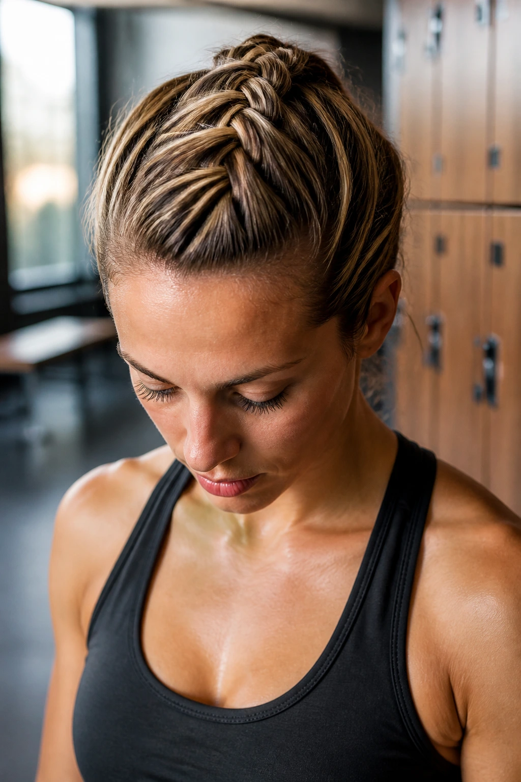 Close-up portrait of a real person with a mohawk-style headband braid centered along the hairline