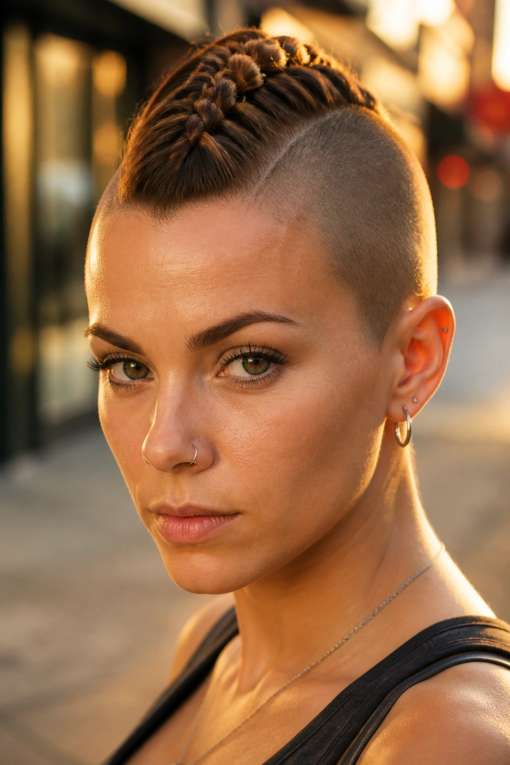Close-up portrait of a real woman with a tight center Mohawk braid on an urban street at golden hour