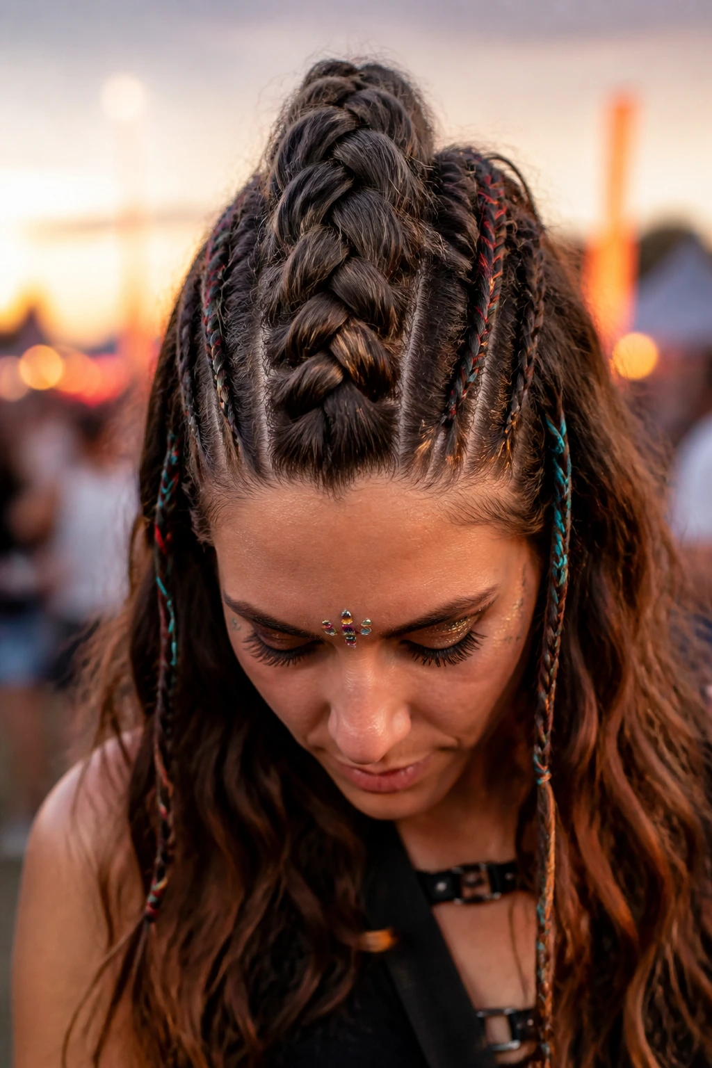 Close-up of a real woman with a mohawk braid and tiny braids at festival