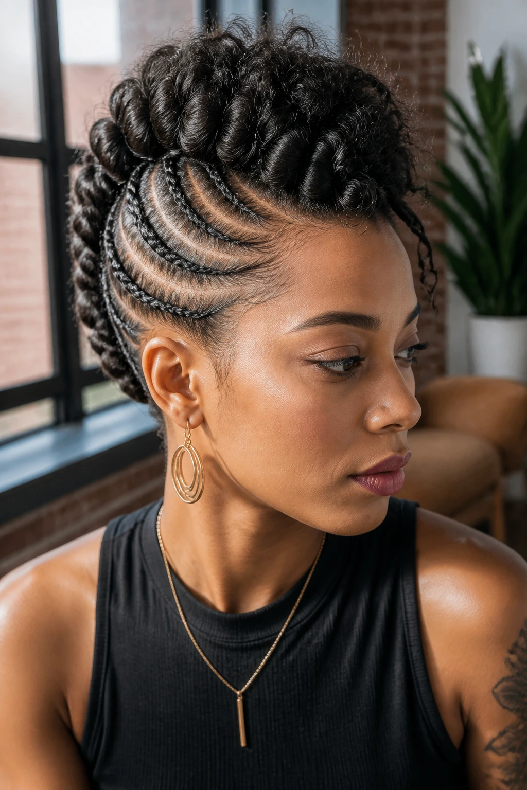 Real woman with mohawk braid illusion and central Dutch braid