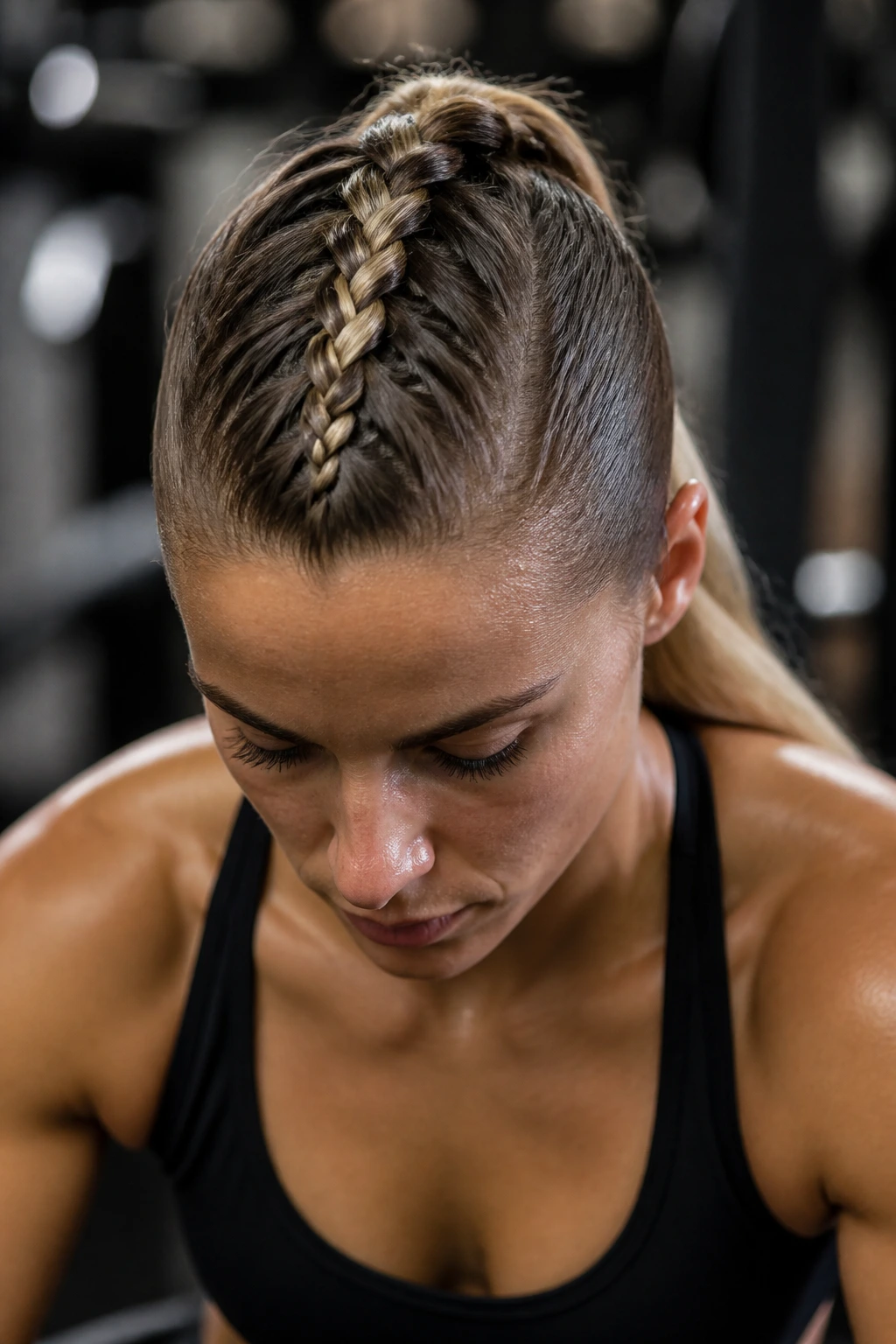 Close-up of a real woman with a center Mohawk braid