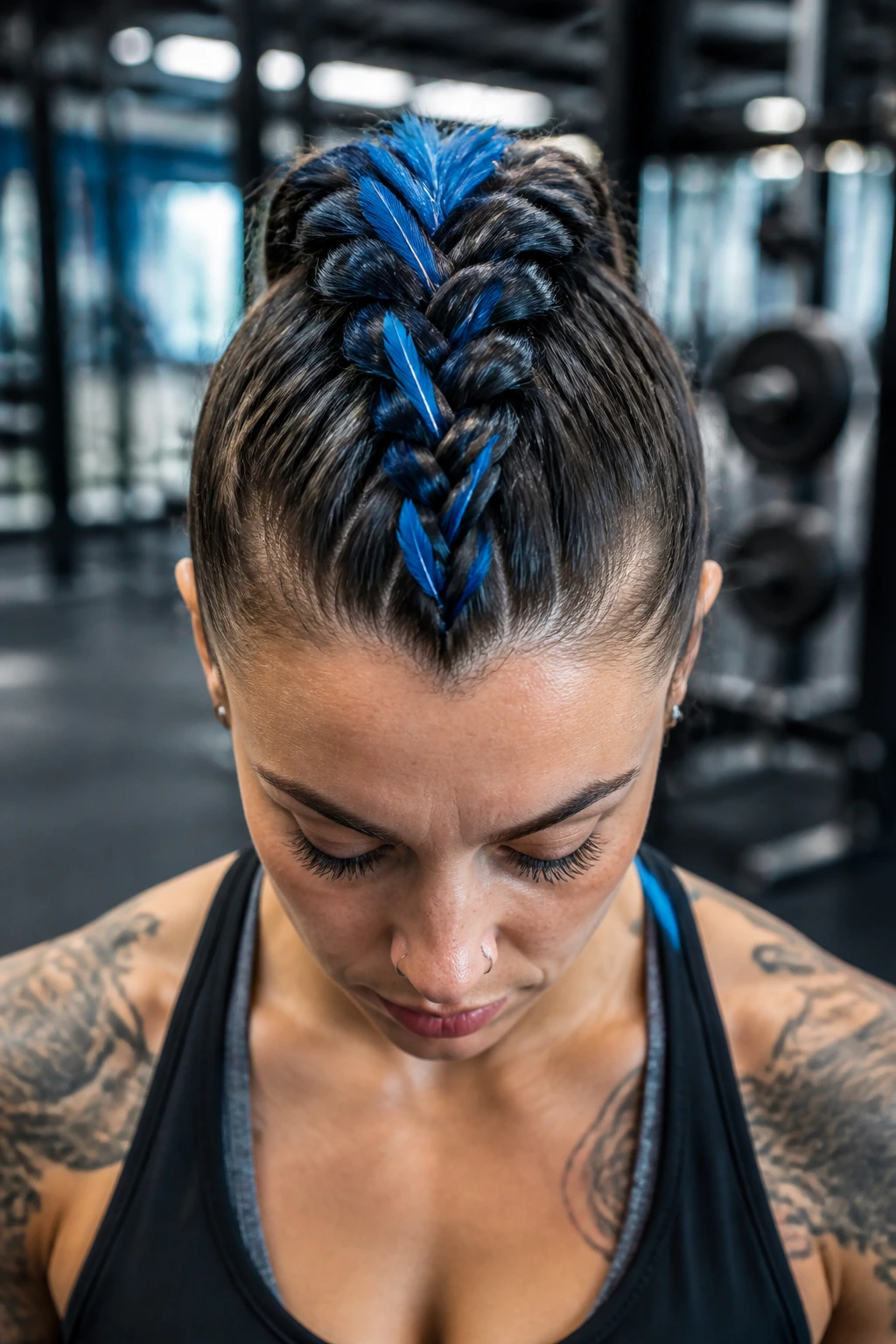 Portrait of a real person with a center mohawk-inspired braided braid and blue feathers in a gym