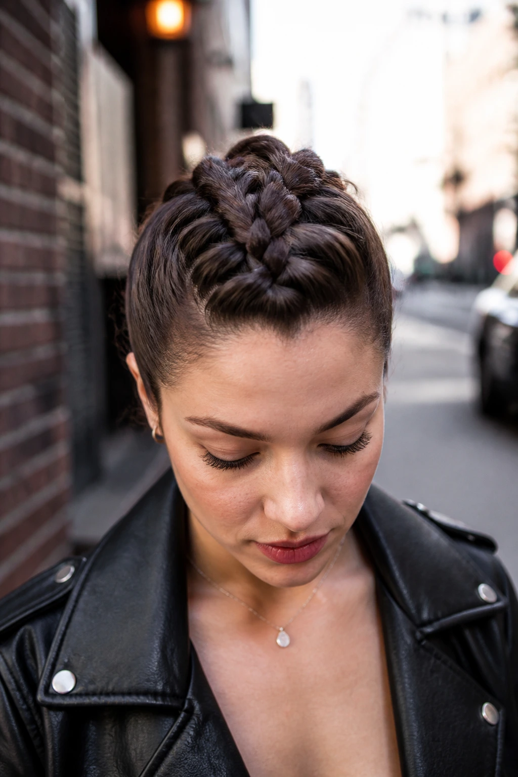 Real person with center Dutch braid forming a mohawk, sides slicked.