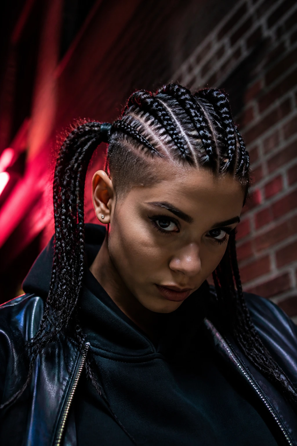 Real person with a mohawk-style braided pigtails hairstyle in an urban setting