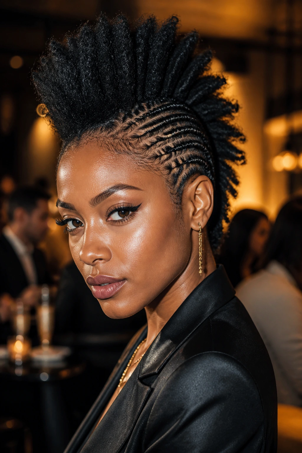Real person with tall mohawk and braided sides in chic lounge